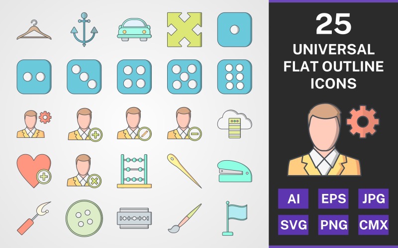 Download Набор иконок "25 UNIVERSAL FLAT OUTLINE PACK Icon Set" / 25 UNIVERSAL FLAT OUTLINE PACK Icon Set - Набор иконок set,file,icon,icons,flat,round,vector,sign,symbol,pictogram,outline,universal,hanger,blade,flag,button,stapler,add user,expend,anchor