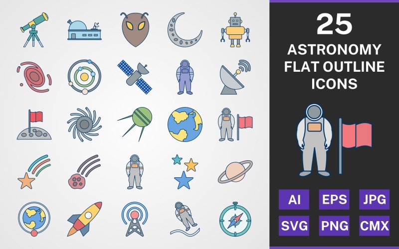 Download Набор иконок "25 ASTRONOMY FLAT OUTLINE PACK Icon Set" / 25 ASTRONOMY FLAT OUTLINE PACK Icon Set - Набор иконок на тему science set,file,icon,icons,flat,round,vector,sign,symbol,pictogram,outline,astronomy,astronout,black hole,falling star,space ship,space station,space suit,alien,galaxy