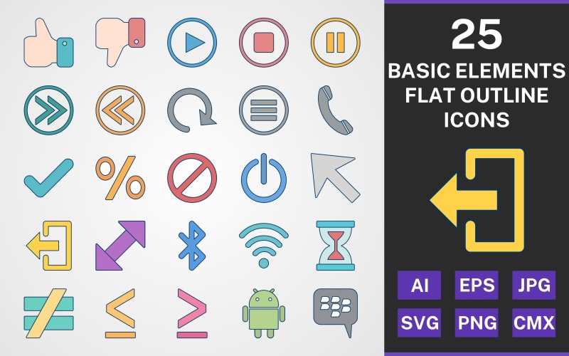 Download Набор иконок "25 BASIC ELEMENTS FLAT OUTLINE PACK Icon Set" / 25 BASIC ELEMENTS FLAT OUTLINE PACK Icon Set - Набор иконок на тему data set,file,icon,icons,flat,round,vector,sign,symbol,pictogram,outline,basic elements,call,android,blackberry,menu,reload,stop,play,like