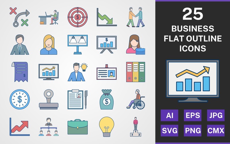 Download Набор иконок "25 BUSINESS FLAT OUTLINE PACK Icon Set" / 25 BUSINESS FLAT OUTLINE PACK Icon Set - Набор иконок на тему business set,file,icon,icons,flat,round,vector,sign,symbol,pictogram,outline,business,invoice,growth,idea,success,stamp,partnership,workspace,files