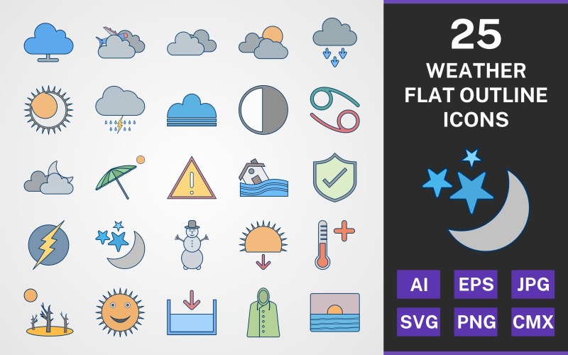 Conjunto de iconos de PAQUETE DE ESQUEMA PLANO DE 25 CLIMA