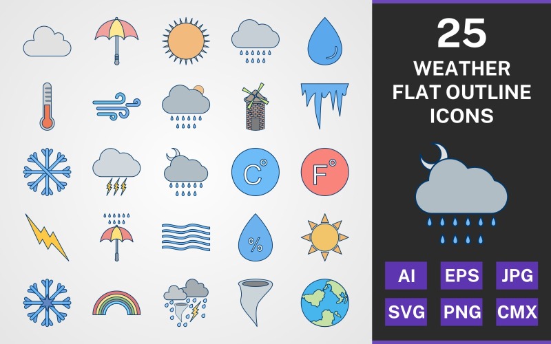 Conjunto de iconos de PAQUETE DE ESQUEMA PLANO DE 25 CLIMA