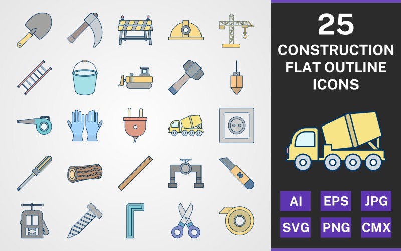Download Набор иконок "25 CONSTRUCTION FLAT OUTLINE PACK Icon Set" / 25 CONSTRUCTION FLAT OUTLINE PACK Icon Set - Набор иконок на тему industrial set,file,icon,icons,flat,round,vector,sign,symbol,pictogram,outline,construction,ladder,helmet,bulldozer,screw,bucket,trowel,cutter,valve