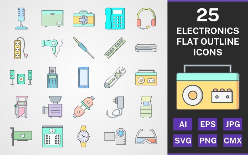 Download Набор иконок "25 ELECTRONIC DEVICES FLAT OUTLINE PACK Icon Set" / 25 ELECTRONIC DEVICES FLAT OUTLINE PACK Icon Set - Набор иконок на тему computer set,file,icon,icons,flat,round,vector,sign,symbol,pictogram,outline,electronics,devices,dvd player,fuel station,mobile charger,watch,remote,telephone,mic