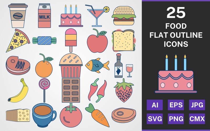 Download Набор иконок "25 FOOD FLAT OUTLINE PACK Icon Set" / 25 FOOD FLAT OUTLINE PACK Icon Set - Набор иконок на тему food set,file,icon,icons,flat,round,vector,sign,symbol,pictogram,outline,food,cake,cupcake,banana,bread,carrot,steak,orange,candy