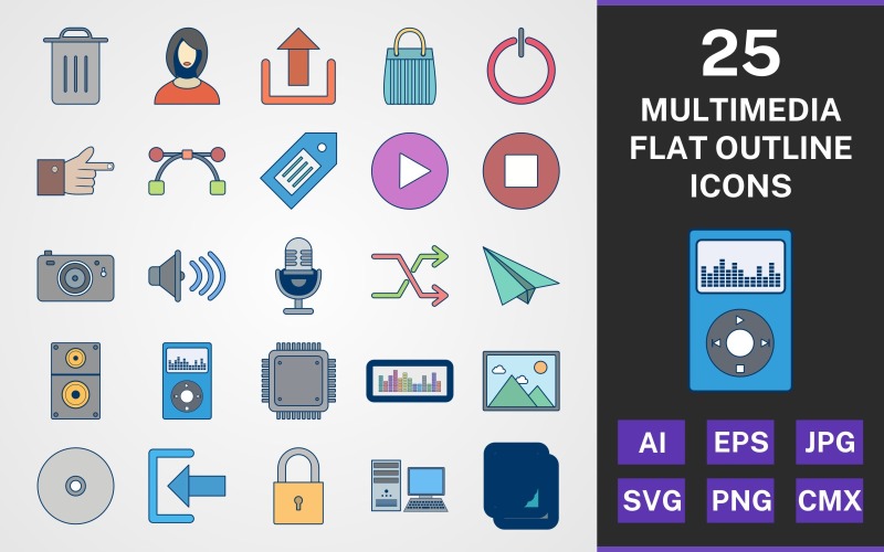 Download Набор иконок "25 MULTIMEDIA FLAT OUTLINE PACK Icon Set" / 25 MULTIMEDIA FLAT OUTLINE PACK Icon Set - Набор иконок на тему data set,file,icon,icons,flat,round,vector,sign,symbol,pictogram,outline,multimedia,speaker,sign in,shuffle,processor,copy,sound,logout,garbage