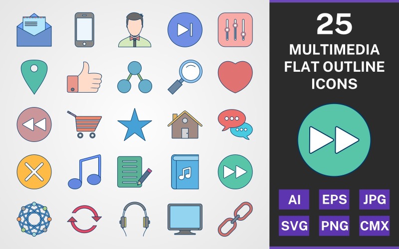 Download Набор иконок "25 MULTIMEIA FLAT OUTLINE PACK Icon Set" / 25 MULTIMEIA FLAT OUTLINE PACK Icon Set - Набор иконок на тему number set,file,icon,icons,flat,round,vector,sign,symbol,pictogram,outline,multimedia,avatar,next,chat,house,reload,link,cancel,star