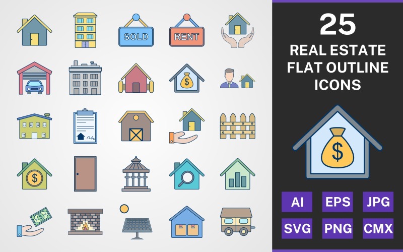 Download Набор иконок "25 REAL ESTATE FLAT OUTLINE PACK Icon Set" / 25 REAL ESTATE FLAT OUTLINE PACK Icon Set - Набор иконок на тему city set,file,icon,icons,flat,round,vector,sign,symbol,pictogram,outline,real estate,house,sold,rent,door,loan,fire place,mobile house,farm house