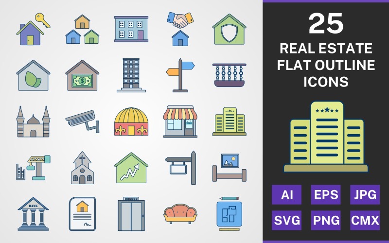 Download Набор иконок "25 REAL ESTATE FLAT OUTLINE PACK Icon Set" / 25 REAL ESTATE FLAT OUTLINE PACK Icon Set - Набор иконок на тему city set,file,icon,icons,flat,round,vector,sign,symbol,pictogram,outline,real estate,mansion,house deal,direction,balcony,church,bank,lift,skycraper