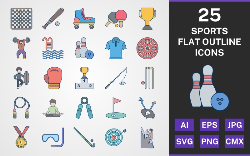 Download Набор иконок "25 SPORTS AND GAMES FLAT OUTLINE PACK Icon Set" / 25 SPORTS AND GAMES FLAT OUTLINE PACK Icon Set - Набор иконок на тему sports set,file,icon,icons,flat,round,vector,sign,symbol,pictogram,outline,sports,games,trophy,bowling,climbing,hockey,bullseye,fishing,cricket