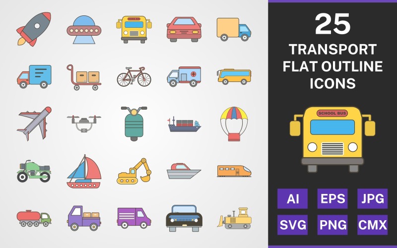 Download Набор иконок "25 TRANSPORT FLAT OUTLINE PACK Icon Set" / 25 TRANSPORT FLAT OUTLINE PACK Icon Set - Набор иконок на тему transport set,file,icon,icons,flat,round,vector,sign,symbol,pictogram,outline,transport,airplane,bus,school bus,car,bike,jeep,van,scooter