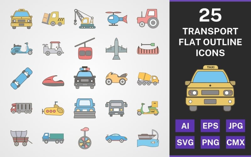 Download Набор иконок "25 TRANSPORT FLAT OUTLINE PACK Icon Set" / 25 TRANSPORT FLAT OUTLINE PACK Icon Set - Набор иконок на тему transport set,file,icon,icons,flat,round,vector,sign,symbol,pictogram,outline,transport,taxi,fishing boat,airport bus,jet ski,vespa,heavy bike,helicopter,submarine