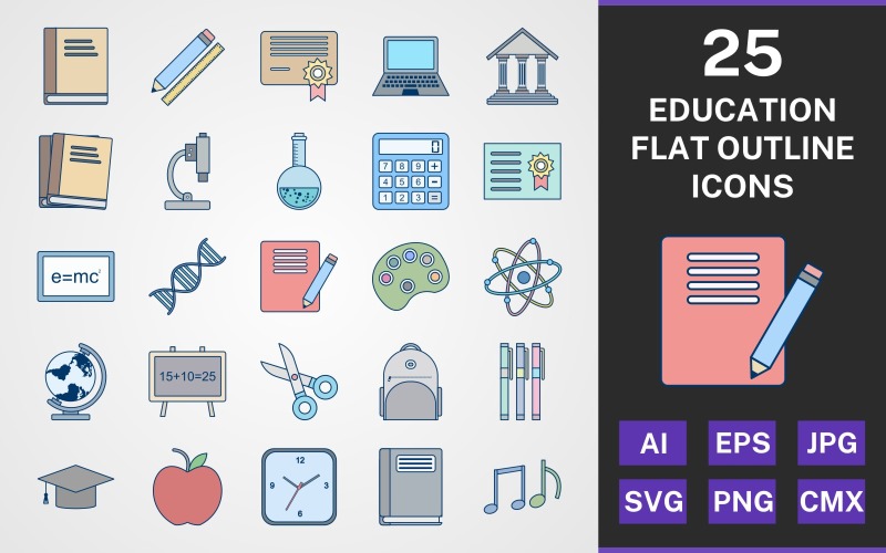Download Набор иконок "25 EDUCATION FLAT OUTLINE PACK Icon Set" / 25 EDUCATION FLAT OUTLINE PACK Icon Set - Набор иконок на тему science set,file,icon,icons,flat,round,vector,sign,symbol,pictogram,outline,education,formula,genetics,markers,bagpack,notebook,book,globe,black board