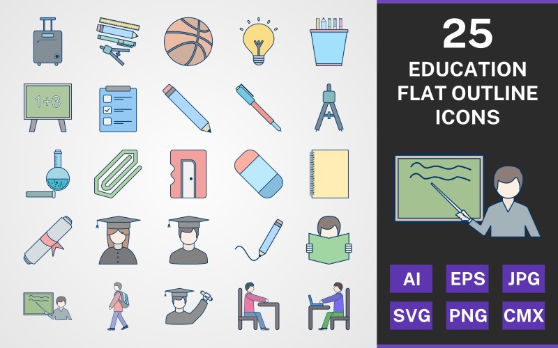 25 Education Flat Outline Pack Icon Set Templatemonster