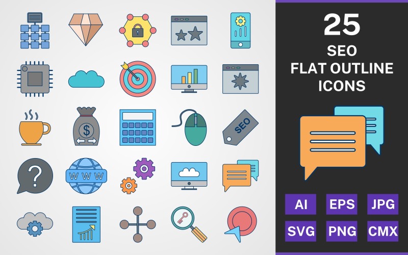 25 Ikonuppsättning för SEO FLAT OUTLINE PACK
