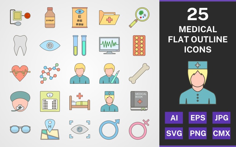 Download Набор иконок "25 MEDICAL FLAT OUTLINE PACK Icon Set" / 25 MEDICAL FLAT OUTLINE PACK Icon Set - Набор иконок на тему medical set,file,icon,icons,flat,round,vector,sign,symbol,pictogram,outline,medical,doctor,bed,male,operation,bone,eye test,bp appartus,tablets
