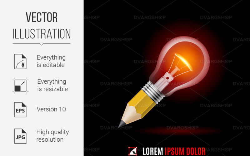 Download Vector "Moment of Сreation - Vector Image" / Moment of Сreation - Vector Image - Vector на тему графика idea,pencil,light,creation,lead,pen,black,concept,bulb,creativity,placard,sketching,filament,concentration,solution,icon,light bulb,decision,element,object
