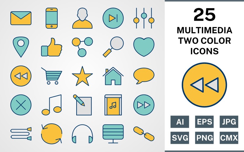 Download Набор иконок "25 MULTIMEDIA FILLED TWO COLORS PACK Icon Set" / 25 MULTIMEDIA FILLED TWO COLORS PACK Icon Set - Набор иконок на тему data set,file,icon,icons,filled,round,vector,sign,symbol,pictogram,two colors,multimedia,like,share,next,avatar,edit,reload,forward,headphones