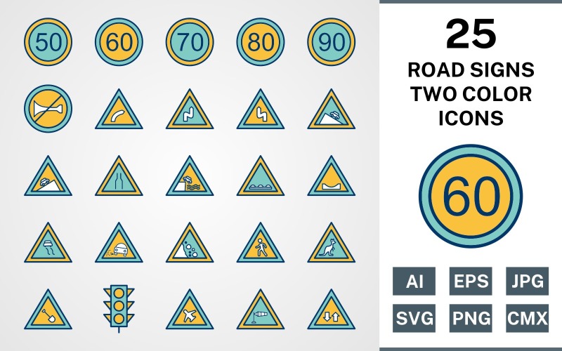Download Набор иконок "25 ROAD SIGNS FILLED TWO COLORS PACK Icon Set" / 25 ROAD SIGNS FILLED TWO COLORS PACK Icon Set - Набор иконок на тему text set,file,icon,icons,filled,round,vector,sign,symbol,pictogram,two colors,road signs,right bendroad workes,speed limit,falling rock,air field,light signals,two way traffic,road dips