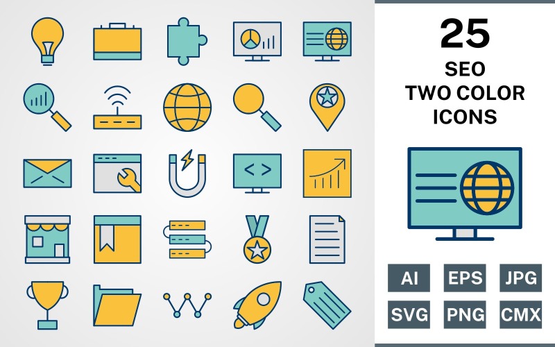 Download Набор иконок "25 SEO FILLED TWO COLORS PACK Icon Set" / 25 SEO FILLED TWO COLORS PACK Icon Set - Набор иконок на тему business set,file,icon,icons,filled,round,vector,sign,symbol,pictogram,two colors,seo,bulb,launch,search,web,shop,servers,tag,award