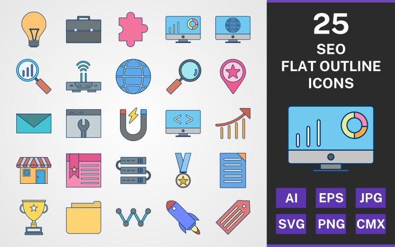 Download Набор иконок "25 SEO FLAT OUTLINE PACK Icon Set" / 25 SEO FLAT OUTLINE PACK Icon Set - Набор иконок на тему business set,file,icon,icons,flat,vector,sign,symbol,pictogram,outline,seo,bulb,award,graphs,search,web,shop,servers,tag,lauch