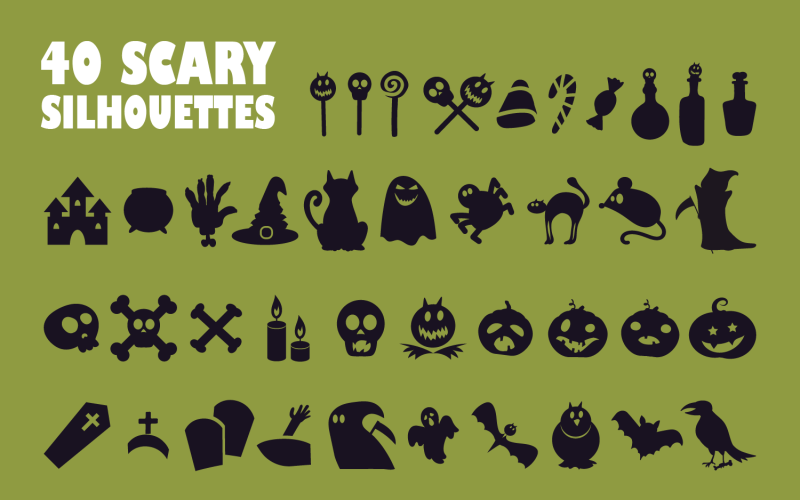 Download Vector "Halloween Silhouettes Set - Vector Image" / Halloween Silhouettes Set - Vector Image - Vector на тему графика halloween,silhouette,set,witchcraft,magic,mystical,ghost,magician,bat,pumpkin,horror,cross,skull,potion,sorcery,death,spider,cauldron,spirit,crow