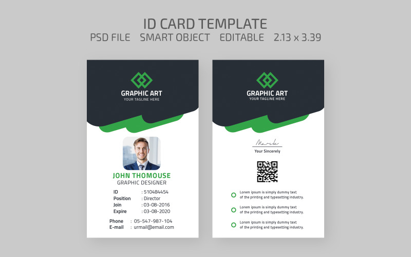 Download Фирменный стиль "John Thomouse Id Card - Corporate Identity Template" / John Thomouse Id Card - Corporate Identity Template - Фирменный стиль на тему графика id card,card,business card,business,qr code,qr,individual,personal,vertical,visit,corporate,modern,creative,name,call,id,template,clean,stylish,unique