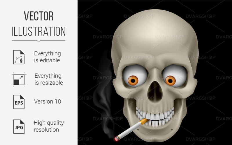 Crâne humain avec les yeux et la cigarette