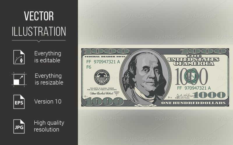 Download Vector "Fake One Thousand Dollars - Vector Image" / Fake One Thousand Dollars - Vector Image - Vector на тему графика one,thous,dollars,fake,dollar,bank,success,american,investment,isolated,valuable,notes,cool,exchange,abundance,bill,america,savings,stack,number