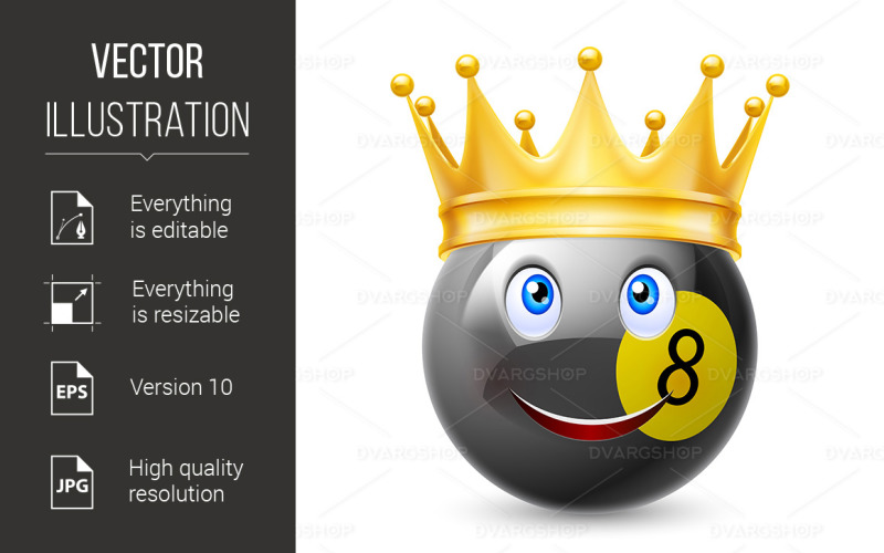 Download Vector "Gold Crown on a Billiard Ball - Vector Image" / Gold Crown on a Billiard Ball - Vector Image - Vector на тему графика ball,billiard,gold,crown,king,sport,face,design,material,number,leisure,prize,element,sphere,eight,reflect yellow,logo,success,circle,object