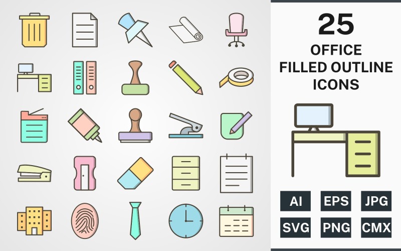 Download Набор иконок "25 OFFICE FILLED OUTLINE PACK Icon Set" / 25 OFFICE FILLED OUTLINE PACK Icon Set - Набор иконок на тему business set,file,icon,icons,filled,round,vector,sign,symbol,pictogram,outline,office,notepad,clock,tie,stamp,office chair,office table,post it,trash