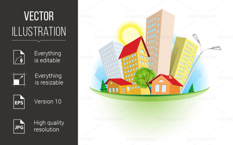 Download Vector "Abstract Cartoon City - Vector Image" / Abstract Cartoon City - Vector Image - Vector на тему графика city,abstract,background,cartoon,colorful,day,illustration,white,spectrum,lscape,blue,downtown,architecture,color,house,design,animation,tower,neighbor,mansion