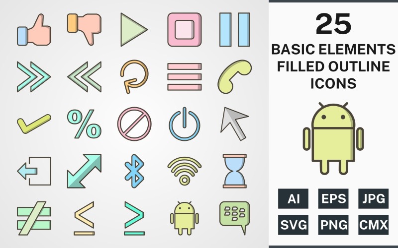 Download Набор иконок "25 BASIC ELEMENTS FILLED OUTLINE PACK Icon Set" / 25 BASIC ELEMENTS FILLED OUTLINE PACK Icon Set - Набор иконок на тему data basic elements,play,stop,tick,like,cursor,android,blackberry,menu,set,file,icon,icons,filled,round,vector,sign,symbol,pictogram,outline