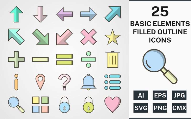 Download Набор иконок "25 BASIC ELEMENTS FILLED OUTLINE PACK Icon Set" / 25 BASIC ELEMENTS FILLED OUTLINE PACK Icon Set - Набор иконок на тему data set,file,icon,icons,filled,round,vector,sign,symbol,pictogram,outline,basic elements,up,down,apps,lock,list,minus,delete,divide