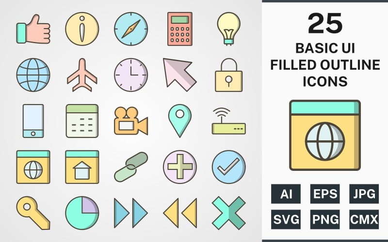 Download Набор иконок "25 BASIC UI FILLED OUTLINE PACK Icon Set" / 25 BASIC UI FILLED OUTLINE PACK Icon Set - Набор иконок на тему data set,file,icon,icons,filled,round,vector,sign,symbol,pictogram,outline,basic ui,browser,wifi,homepage,location,video,lock,cursor,globe