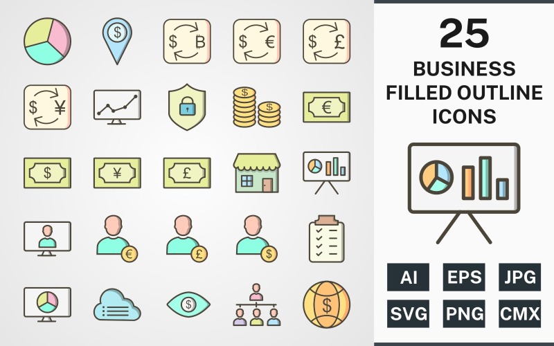 Download Набор иконок "25 BUSINESS FILLED OUTLINE PACK Icon Set" / 25 BUSINESS FILLED OUTLINE PACK Icon Set - Набор иконок на тему финансы set,file,icon,icons,filled,round,vector,sign,symbol,pictogram,outline,business,pie chart,organization,world money,pound,coins,stock market,cloud data,planning