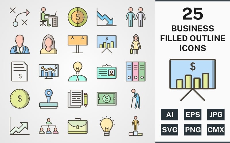 Download Набор иконок "25 BUSINESS FILLED OUTLINE PACK Icon Set" / 25 BUSINESS FILLED OUTLINE PACK Icon Set - Набор иконок на тему business set,file,icon,icons,filled,round,vector,sign,symbol,pictogram,outline,business,workspace,invoice,billboard,files,growth,idea,success,stamp
