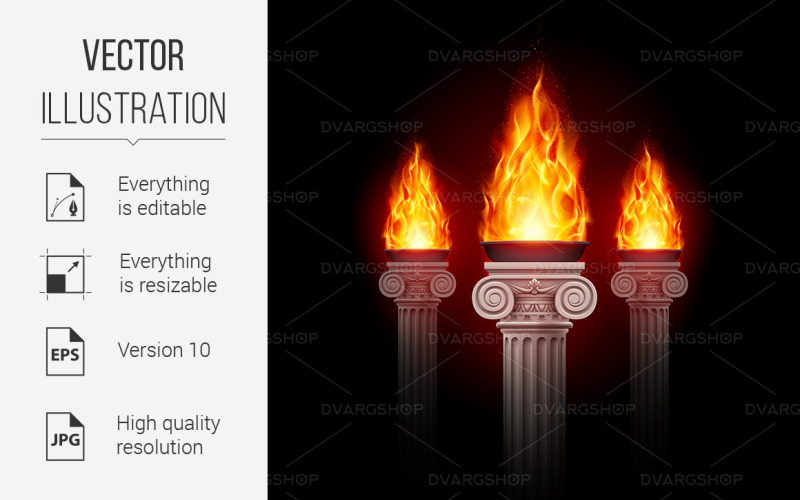 Download Vector "Columns With Fire - Vector Image" / Columns With Fire - Vector Image - Vector на тему графика fire,column,columns,three,with,mystic,ancient,darkness,antique,light,bowl,mystical,intense,tradition,spirit,symbol,black,hot,dark,heat