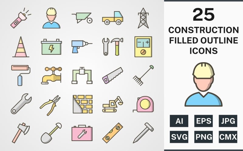 Download Набор иконок "25 CONSTRUCTION FILLED OUTLINE PACK Icon Set" / 25 CONSTRUCTION FILLED OUTLINE PACK Icon Set - Набор иконок на тему industrial set,file,icon,icons,filled,round,vector,sign,symbol,pictogram,outline,construction,engineer,loader,tools,tool box,drill,paint roller,pipe,saw