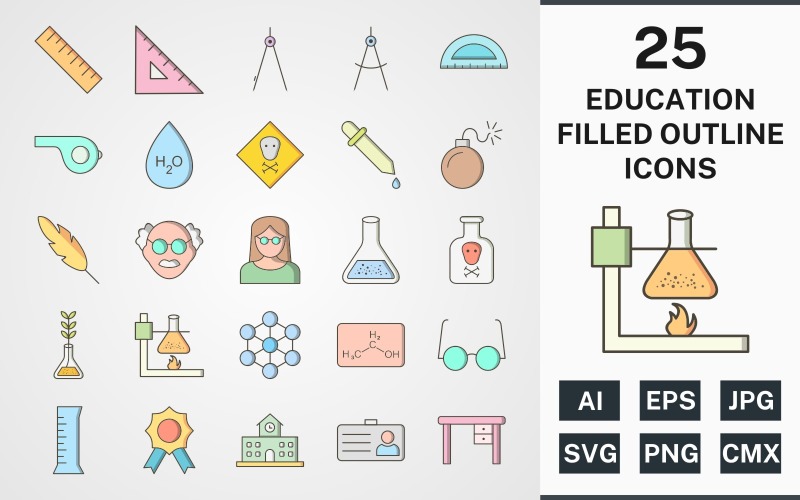 Download Набор иконок "25 EDUCATION FILLED OUTLINE PACK Icon Set" / 25 EDUCATION FILLED OUTLINE PACK Icon Set - Набор иконок на тему science set,file,icon,icons,filled,round,vector,sign,symbol,pictogram,outline,education,toxic,scale,school,award,chemicals,beaker,divider,compass