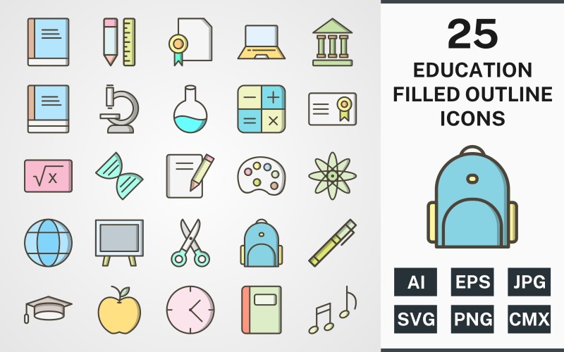 Download Набор иконок "25 EDUCATION FILLED OUTLINE PACK Icon Set" / 25 EDUCATION FILLED OUTLINE PACK Icon Set - Набор иконок на тему science set,file,icon,icons,filled,round,vector,sign,symbol,pictogram,outline,education,books,bagpack,notebook,flask,microscope,notes,markers,calculator