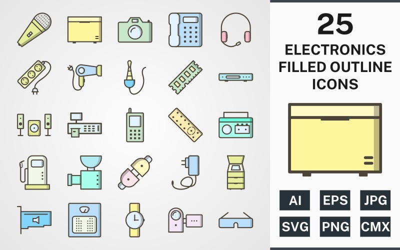 Download Набор иконок "25 ELECTRONIC DEVICES FILLED OUTLINE PACK Icon Set" / 25 ELECTRONIC DEVICES FILLED OUTLINE PACK Icon Set - Набор иконок на тему computer set,file,icon,icons,filled,round,vector,sign,symbol,pictogram,outline,elctronic,devices,mic,remote,watch,handy cam,camera,telephone,deep freezer