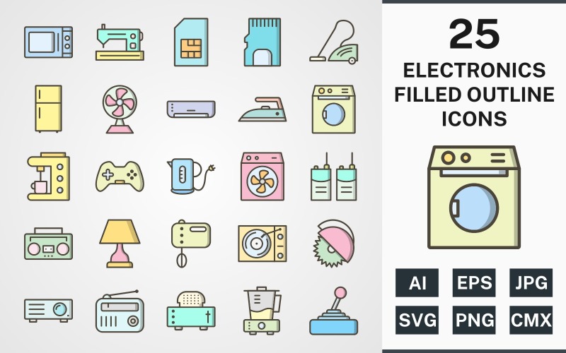 Download Набор иконок "25 ELECTRONIC DEVICES FILLED OUTLINE PACK Icon Set" / 25 ELECTRONIC DEVICES FILLED OUTLINE PACK Icon Set - Набор иконок на тему computer set,file,icon,icons,filled,round,vector,sign,symbol,pictogram,outline,elctronic,devices,lamp,radio,juicer,fridge,washing machine,iron,ac