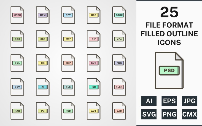 Download Набор иконок "25 FILE FORMAT FILLED OUTLINE PACK Icon Set" / 25 FILE FORMAT FILLED OUTLINE PACK Icon Set - Набор иконок на тему text set,file,icon,icons,filled,round,vector,sign,symbol,pictogram,outline,file format,mpeg,psd,rar,ps,aut,cad,ai,gif