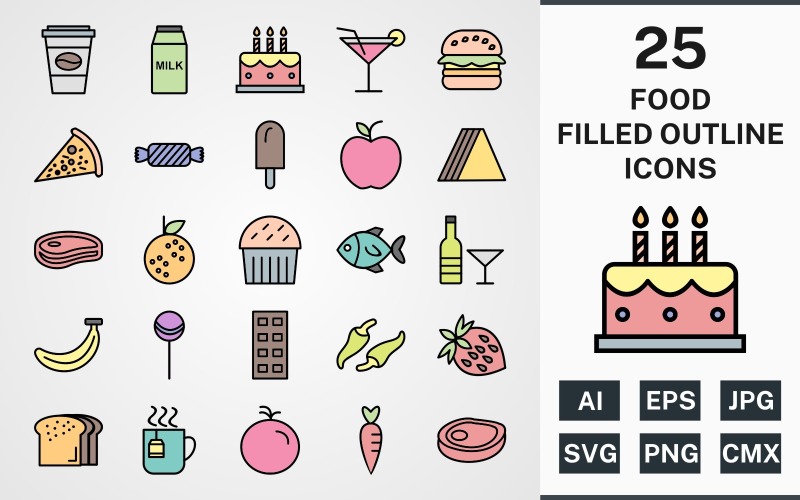 Download Набор иконок "25 FOOD FILLED OUTLINE PACK Icon Set" / 25 FOOD FILLED OUTLINE PACK Icon Set - Набор иконок на тему food set,file,icon,icons,filled,round,vector,sign,symbol,pictogram,outline,food,coffee,milk,snack,carrot,steak,orange,pizza,cake