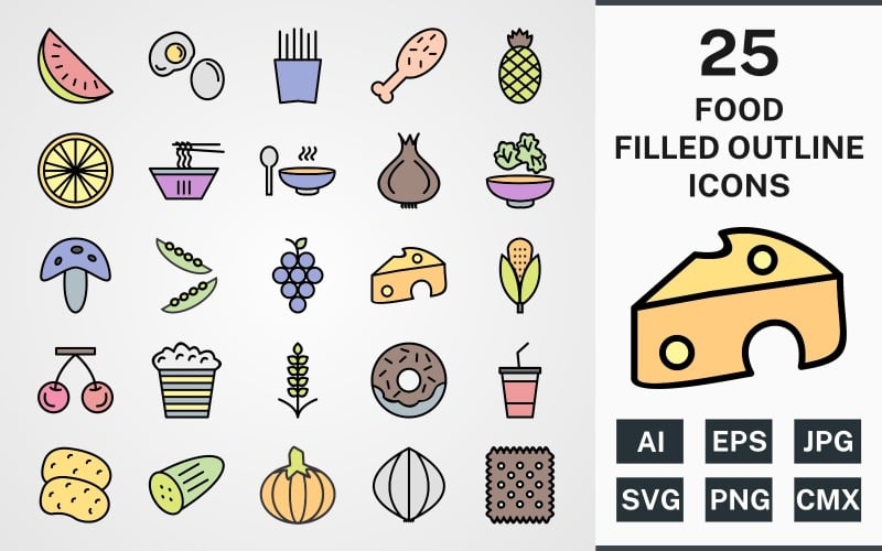 Download Набор иконок "25 FOOD FILLED OUTLINE PACK Icon Set" / 25 FOOD FILLED OUTLINE PACK Icon Set - Набор иконок на тему food set,file,icon,icons,filled,round,vector,sign,symbol,pictogram,outline,food,watermelon,salad,grapes,soup,egg,biscuit,frenchfries,cheese