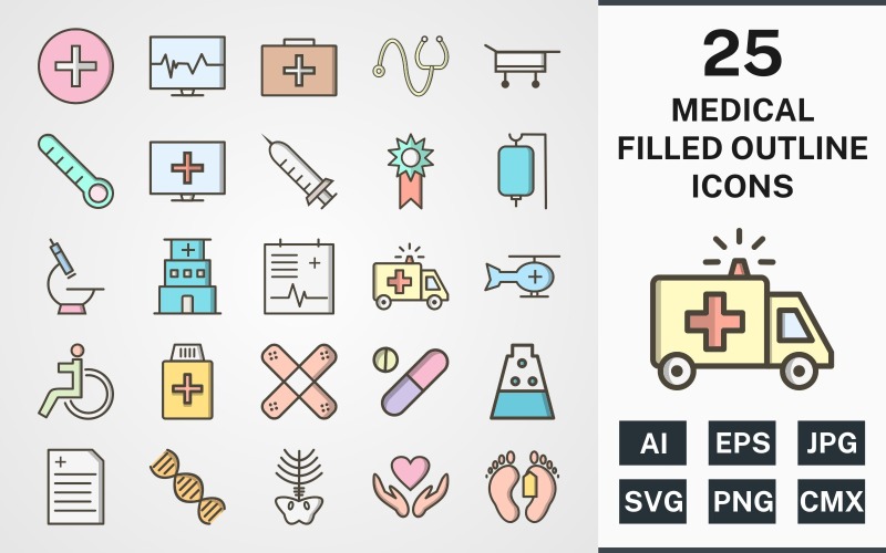 Download Набор иконок "25 MEDICAL FILLED OUTLINE PACK Icon Set" / 25 MEDICAL FILLED OUTLINE PACK Icon Set - Набор иконок на тему medical set,file,icon,icons,filled,round,vector,sign,symbol,pictogram,outline,medical,drip,xray,dna,report,toe tag,medicines,hospital,injection