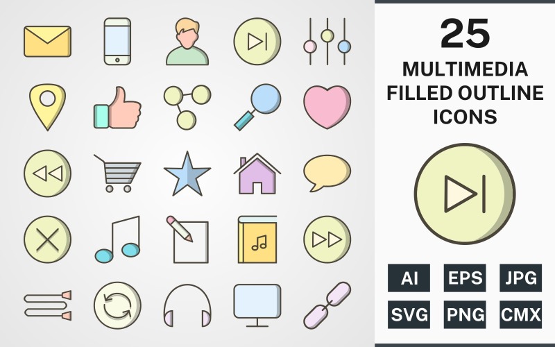 Download Набор иконок "25 MULTIMEDIA FILLED OUTLINE PACK Icon Set" / 25 MULTIMEDIA FILLED OUTLINE PACK Icon Set - Набор иконок на тему data set,file,icon,icons,filled,round,vector,sign,symbol,pictogram,outline,multimedia,next,avatar,heart,back,link,monitor,like,envelope
