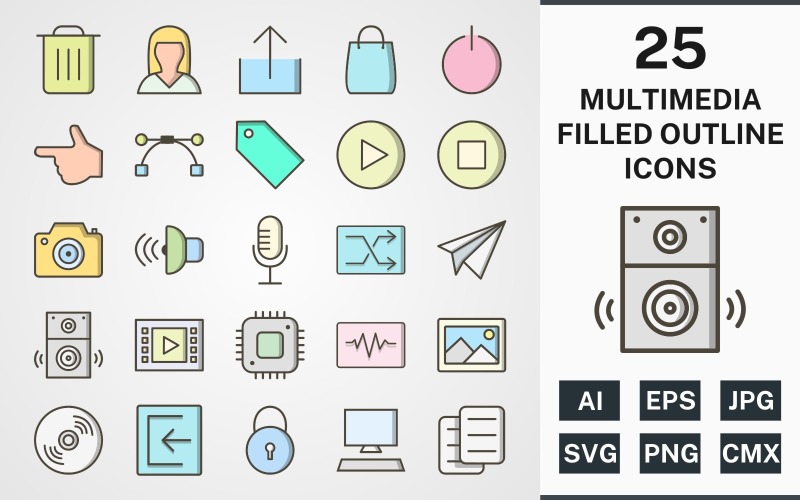 Download Набор иконок "25 MULTIMEDIA FILLED OUTLINE PACK Icon Set" / 25 MULTIMEDIA FILLED OUTLINE PACK Icon Set - Набор иконок на тему data set,file,icon,icons,filled,round,vector,sign,symbol,pictogram,outline,multimedia,logout,copy,shuffle,play,stop,upload,speaker,sign in