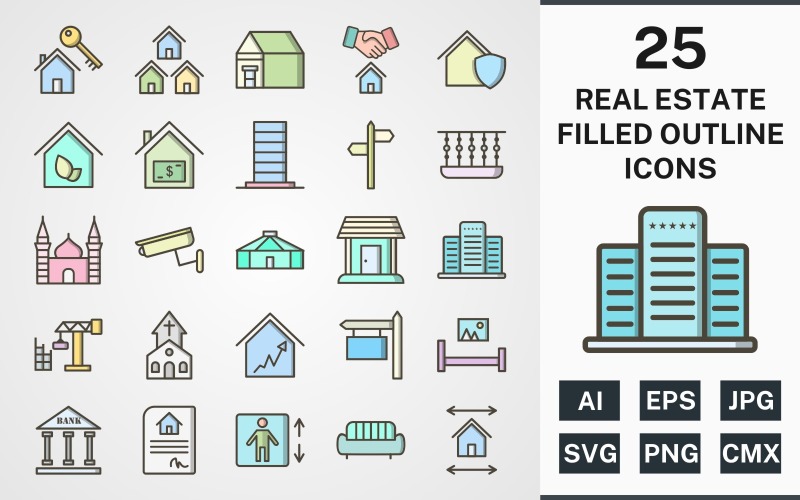 Download Набор иконок "25 REAL ESTATE FILLED OUTLINE PACK Icon Set" / 25 REAL ESTATE FILLED OUTLINE PACK Icon Set - Набор иконок на тему city set,file,icon,icons,filled,round,vector,sign,symbol,pictogram,outline,real estate,mosque,church,balcony,mansion,eco house,lift,yurt,bank